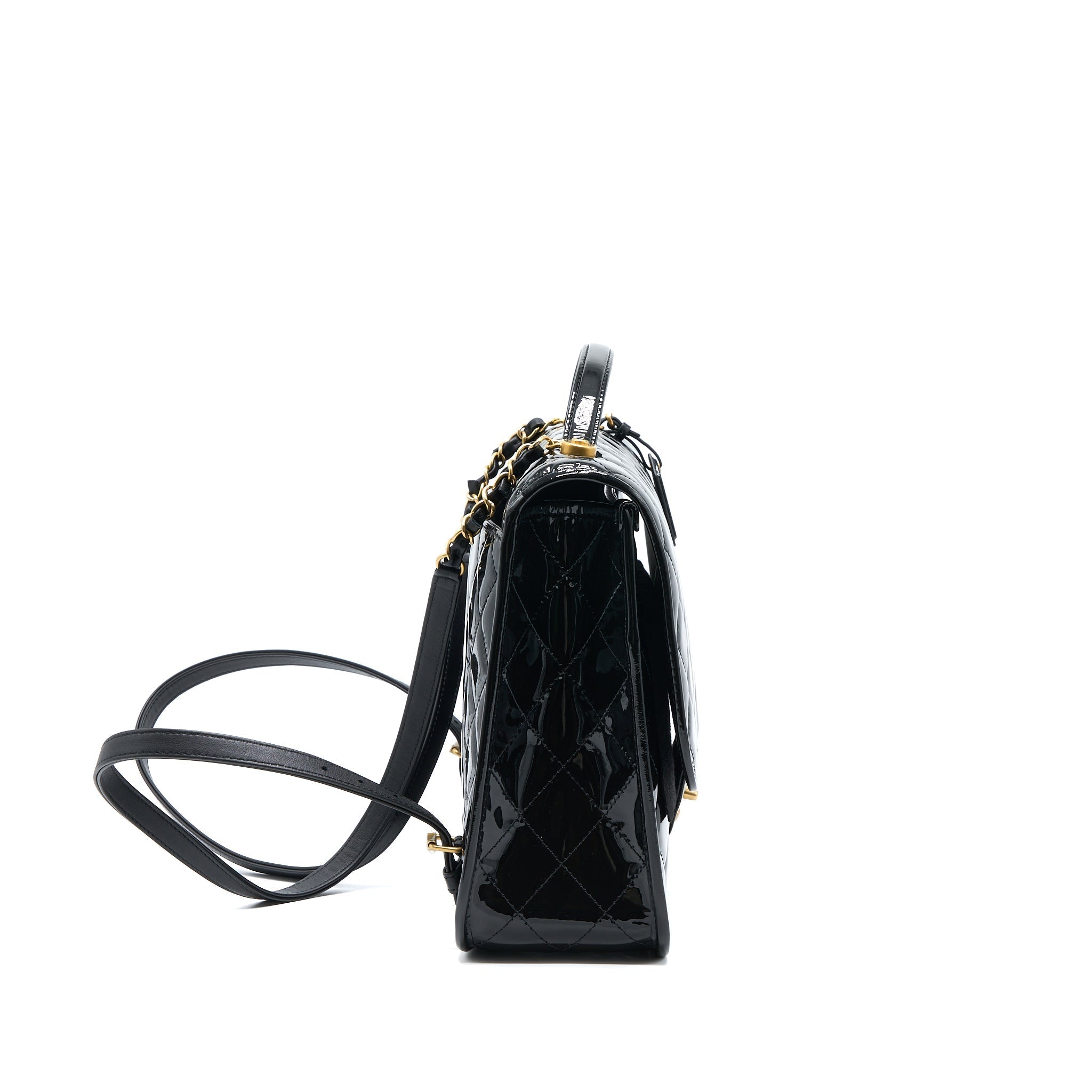 CHANEL 22K LARGE BACKPACK PATENT BLACK BRUSHED GHW (MICROCHIP)