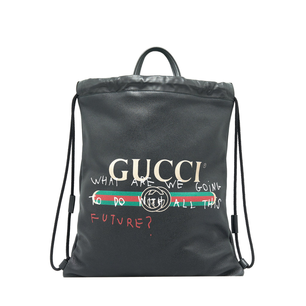GUCCI LOGO PRINTED DRAWSTRING BACKPACK BLACK