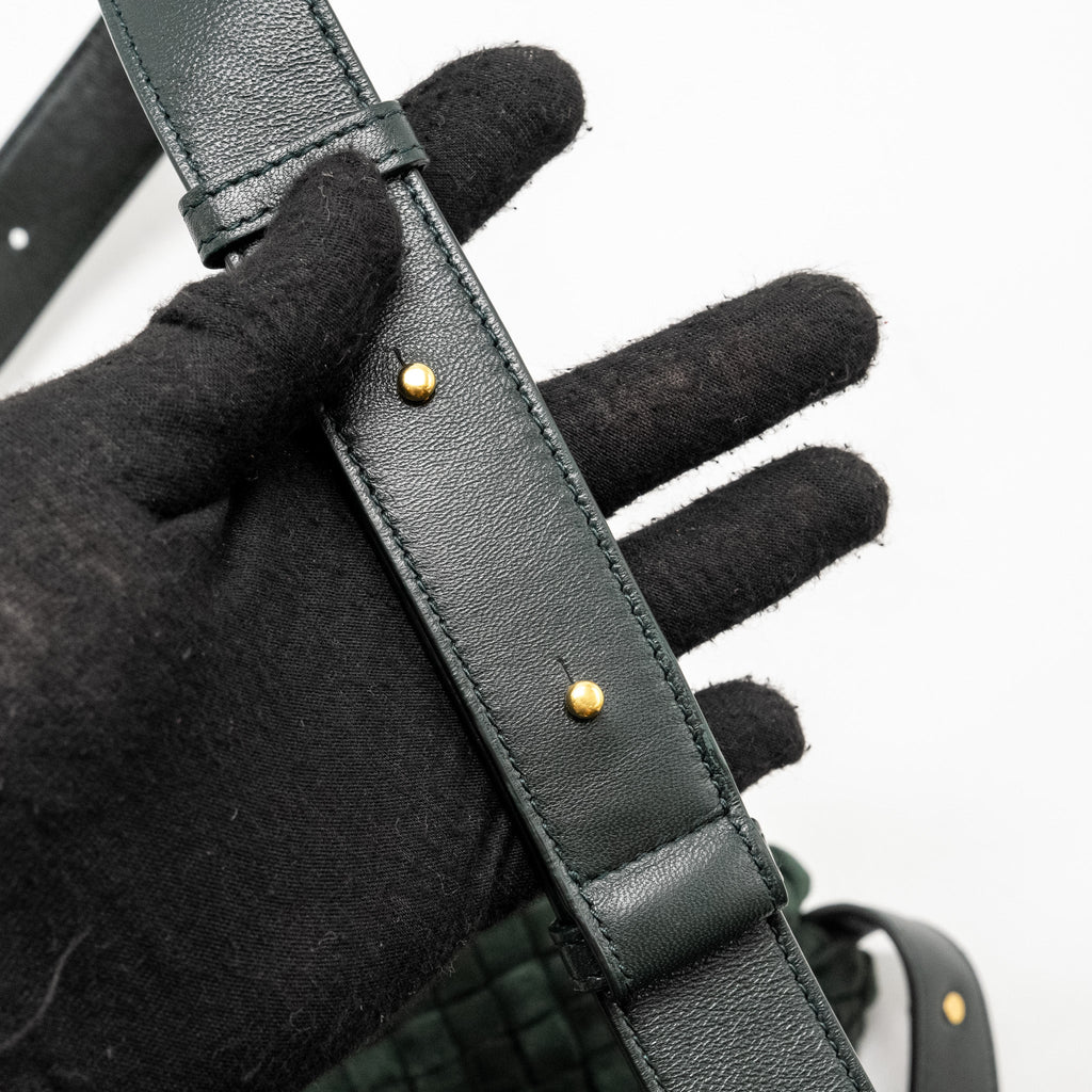 BOTTEGA VENETA COBBLE MESSENGER BAG INTRECCIATO-WOVEN PADDED SUEDE DARK GREEN GHW
