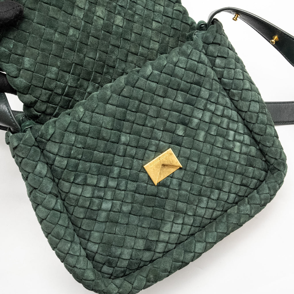 BOTTEGA VENETA COBBLE MESSENGER BAG INTRECCIATO-WOVEN PADDED SUEDE DARK GREEN GHW