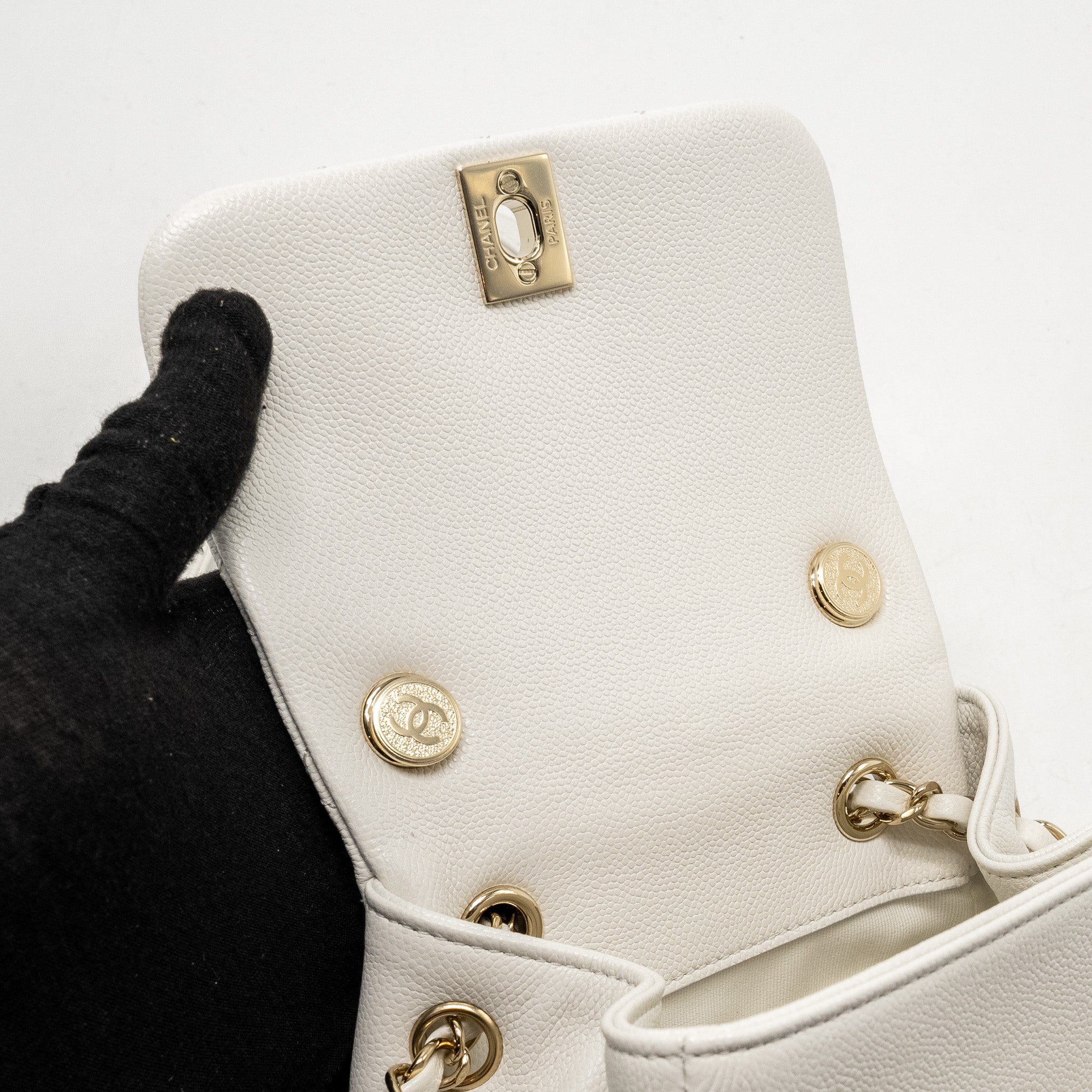 CHANEL 23K TRIPLE POCKET MINI BACKPACK CAVIAR WHITE LGHW (MICROCHIP)