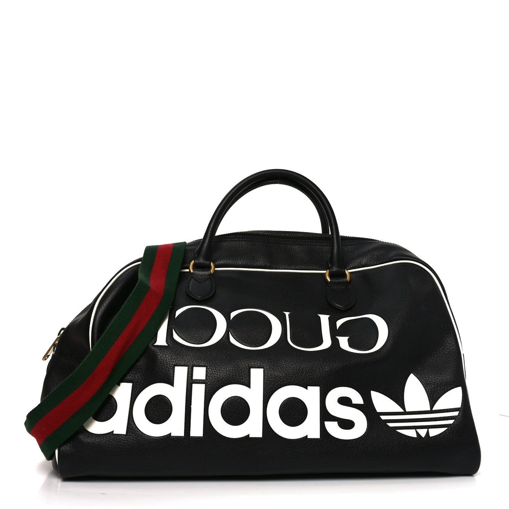 X ADIDAS Textured Dollar Calfskin Web Trefoil Large Bowling Bag Black Off White