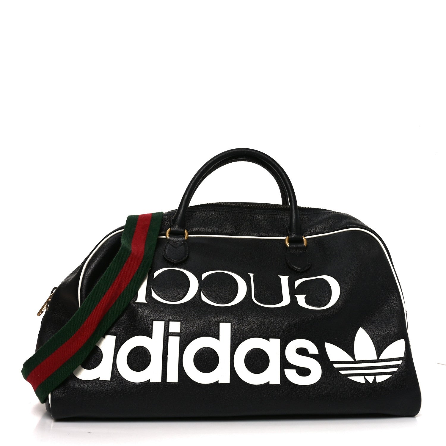 X ADIDAS Textured Dollar Calfskin Web Trefoil Large Bowling Bag Black Off White