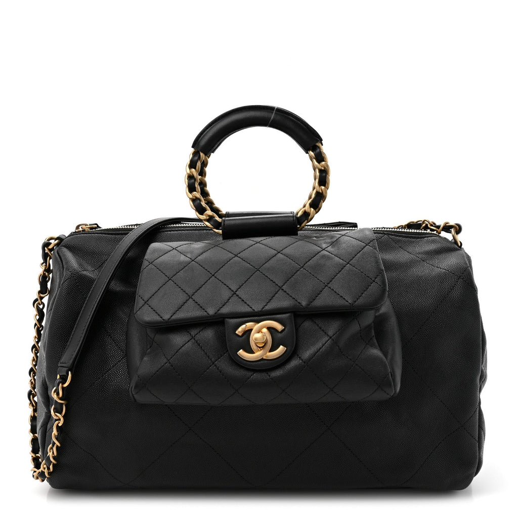 GRAINED CALFSKIN LAMBSKIN QUILTED LARGE BOWLING BAG BLACK
