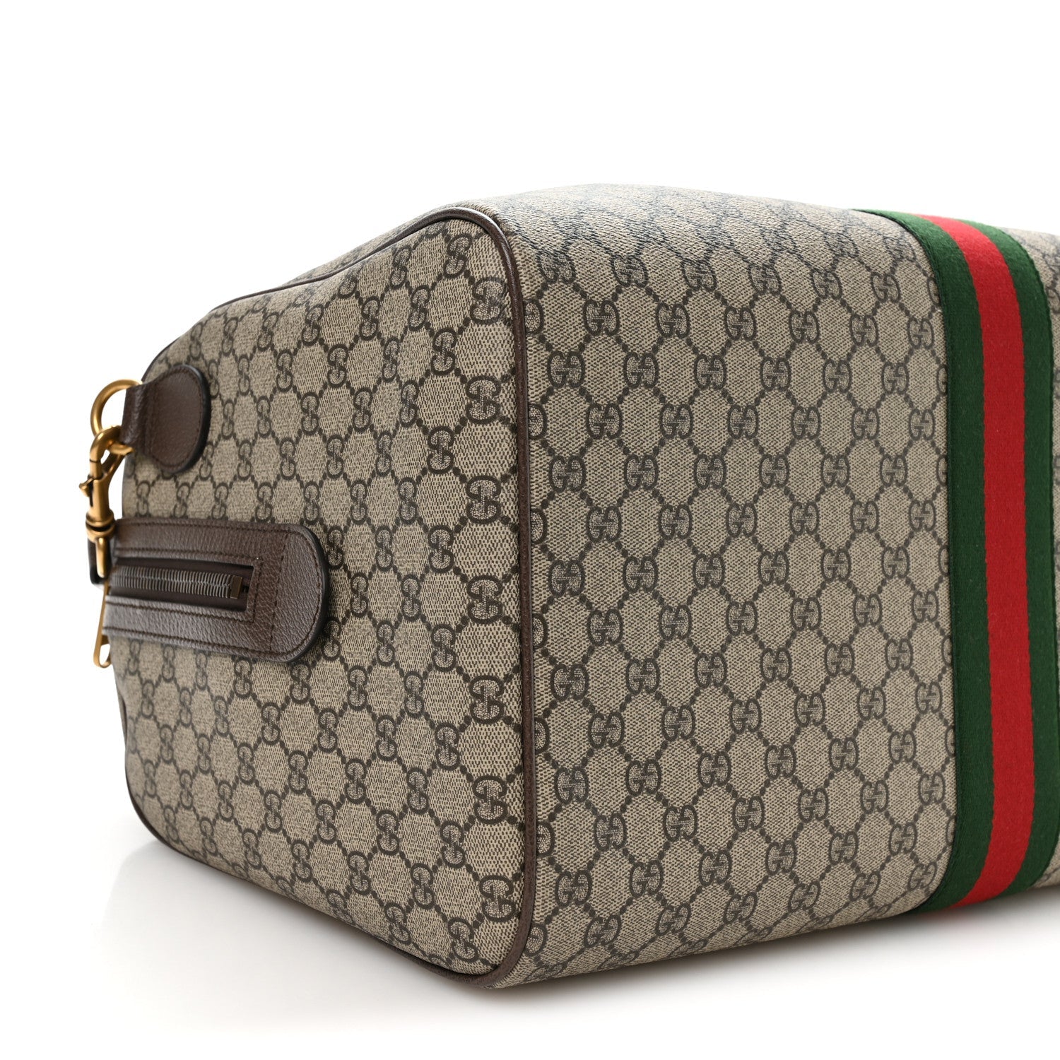 GG SUPREME MONOGRAM TEXTURED DOLLAR CALFSKIN WEB MEDIUM SAVOY DUFFLE BAG BEIGE DARK BROWN