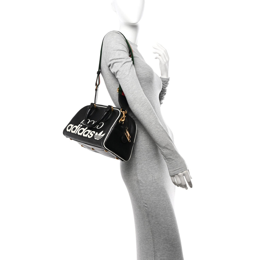 X ADIDAS Textured Dollar Calfskin Web Trefoil Logo Embossed Mini Bowling Bag Black Off White