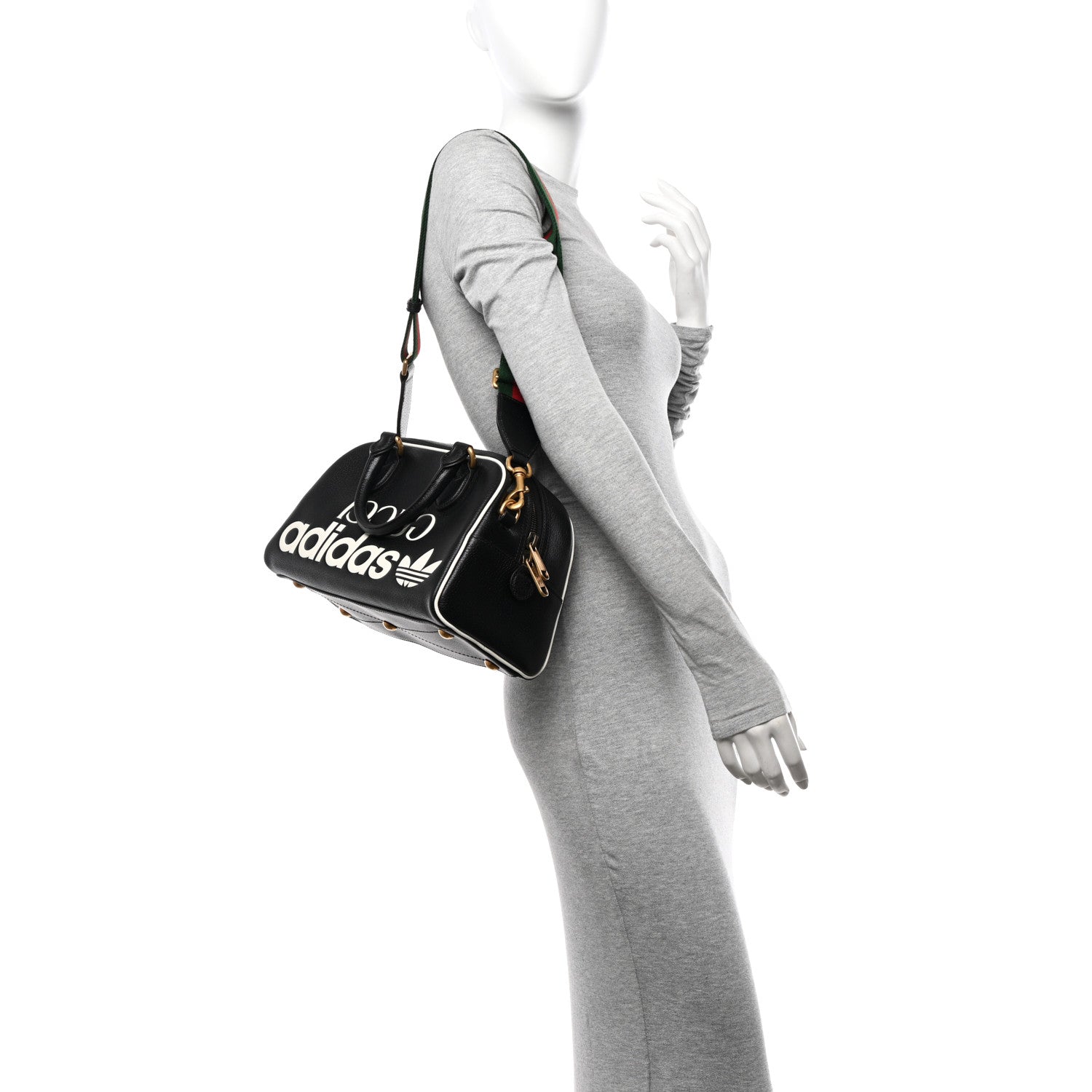 X ADIDAS Textured Dollar Calfskin Web Trefoil Logo Embossed Mini Bowling Bag Black Off White