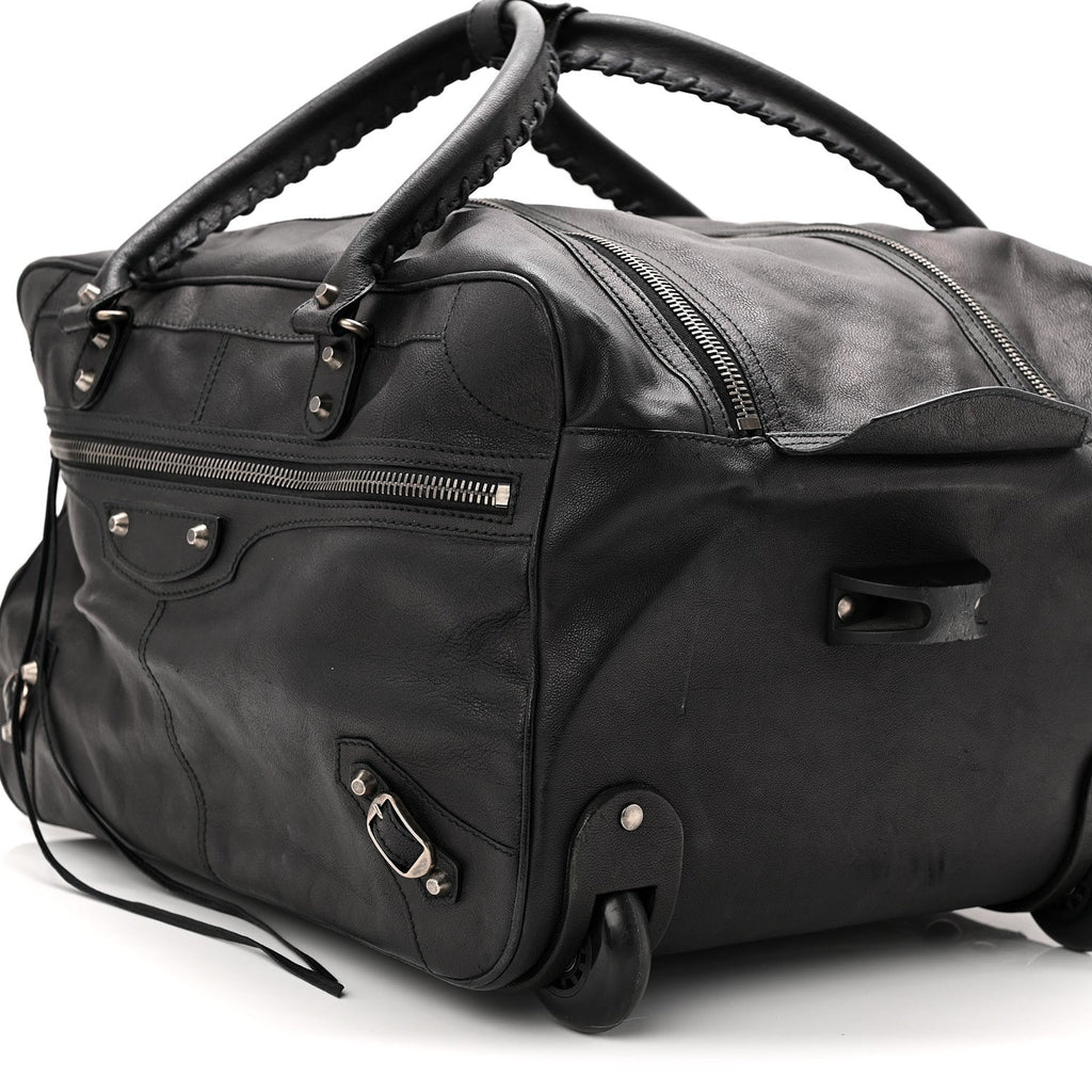 AGNEAU SILVER HARDWARE DUFFLE CARRY ON TRAVEL BAG BLACK