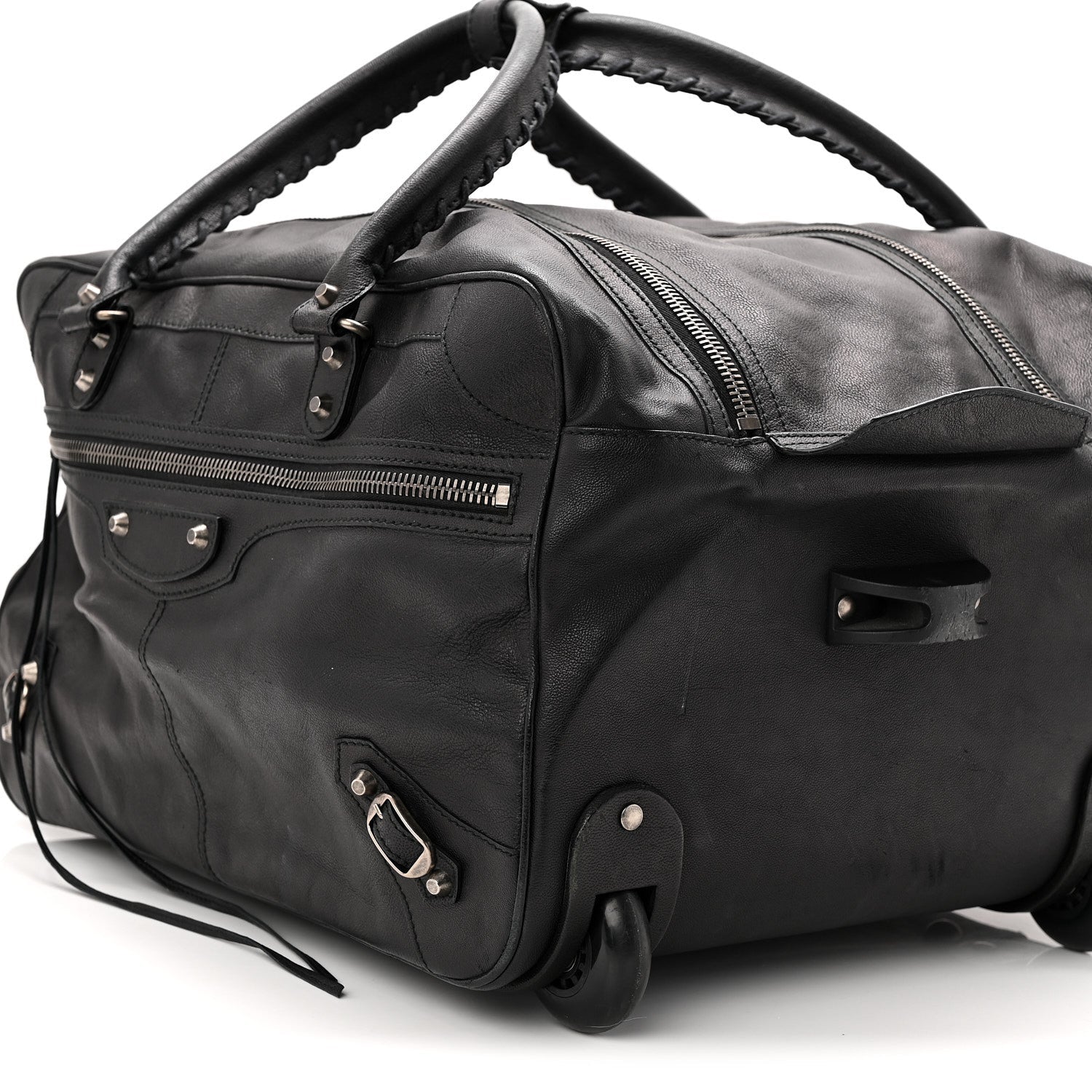 AGNEAU SILVER HARDWARE DUFFLE CARRY ON TRAVEL BAG BLACK