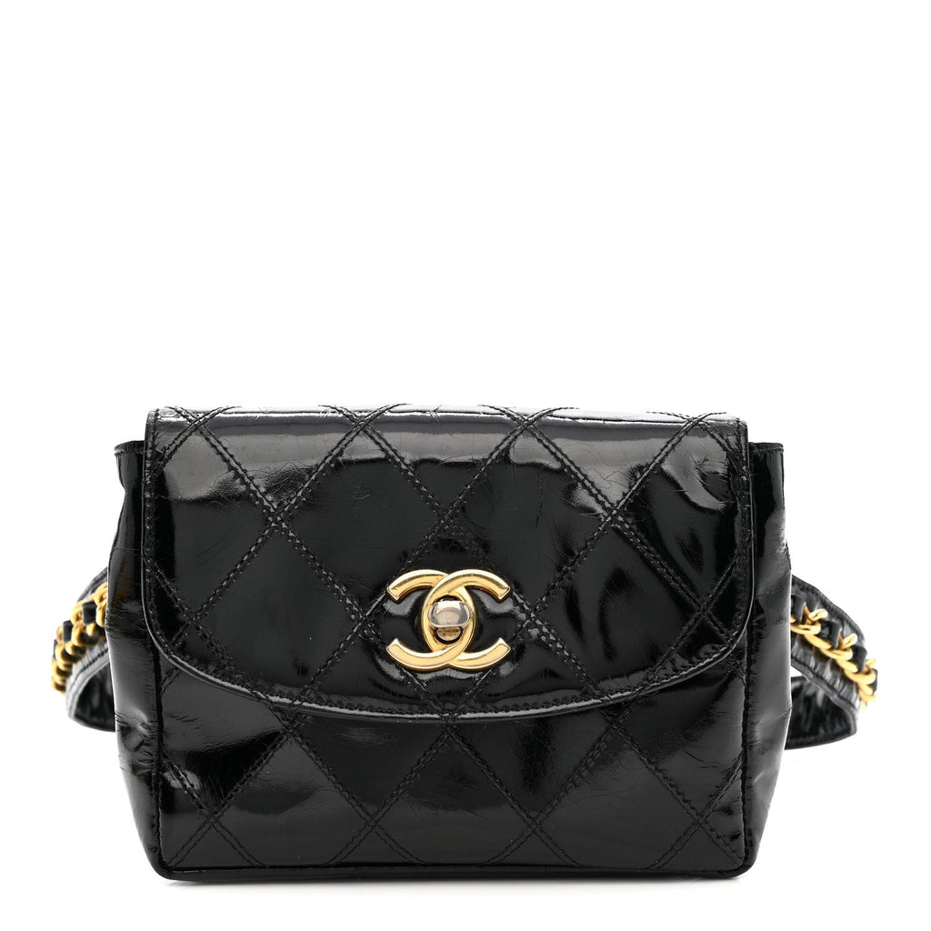 PATENT FLAP WAIST BELT BAG BLACK