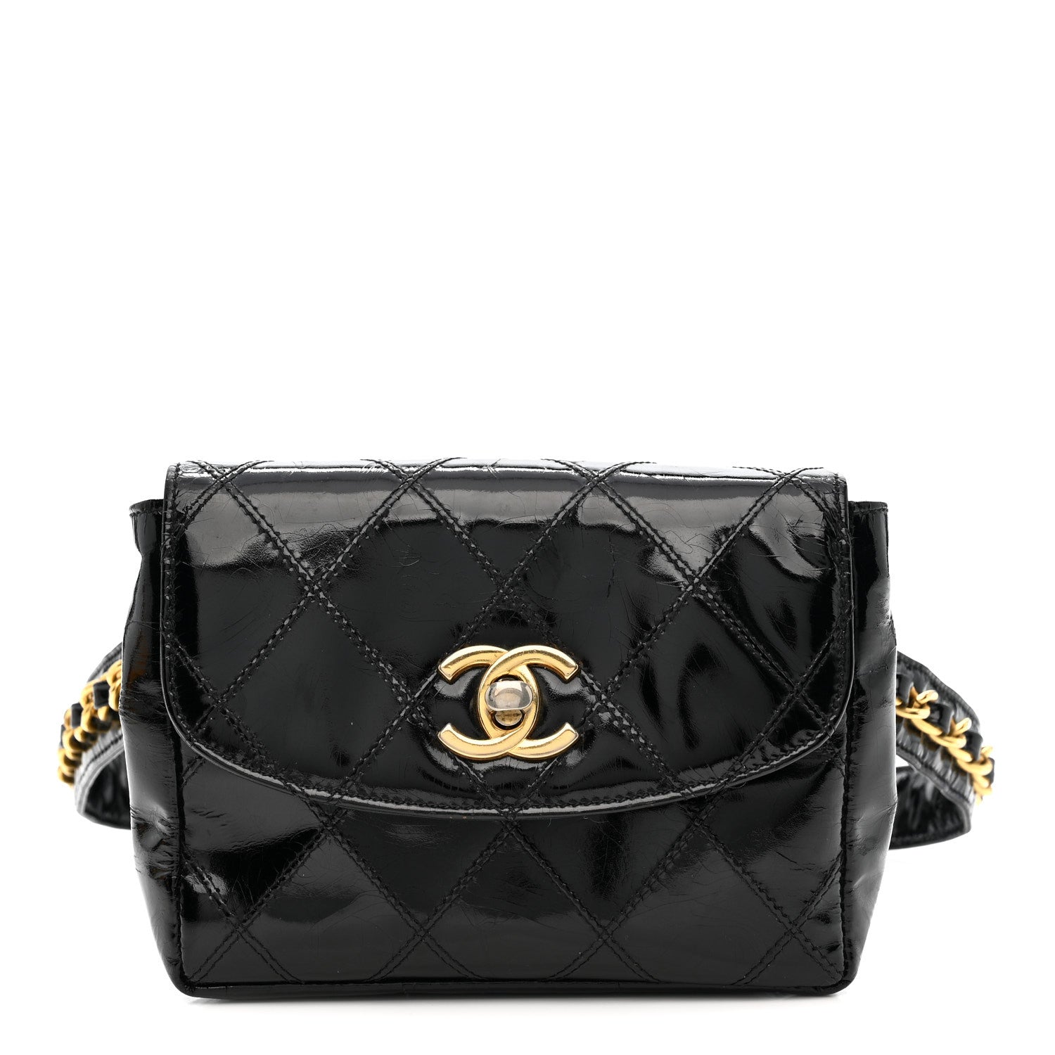 PATENT FLAP WAIST BELT BAG BLACK