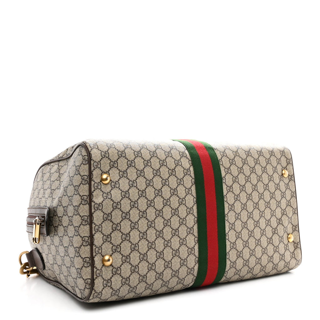 GG SUPREME MONOGRAM TEXTURED DOLLAR CALFSKIN WEB MEDIUM OPHIDIA CARRY-ON DUFFLE BAG BEIGE EBONY NEW ACERO