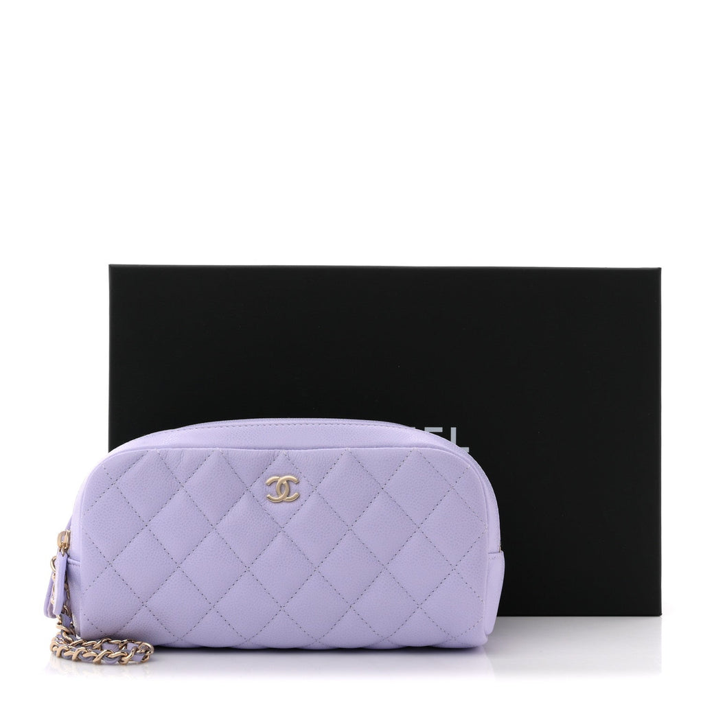 CAVIAR QUILTED TOILETRY CASE WITH CHAIN LIGHT PURPLE