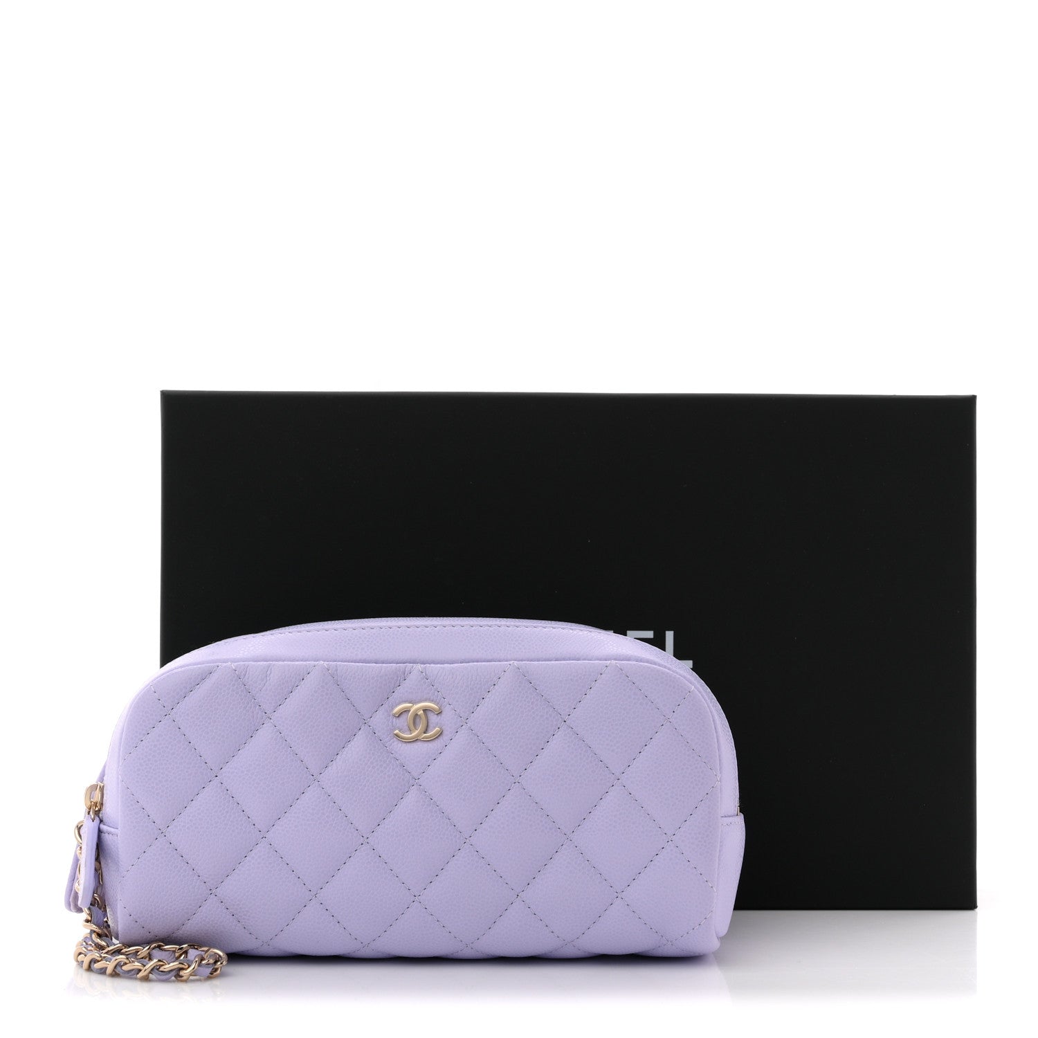 CAVIAR QUILTED TOILETRY CASE WITH CHAIN LIGHT PURPLE