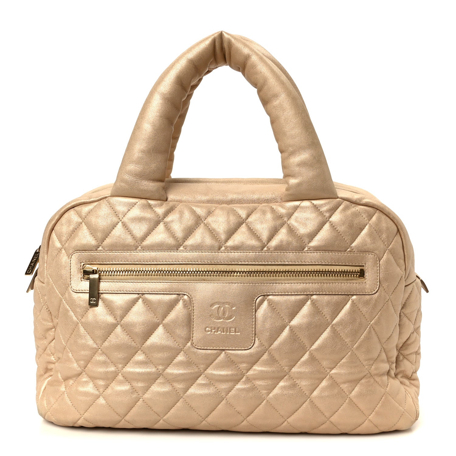 METALLIC LAMBSKIN QUILTED COCO COCOON BOWLER LIGHT GOLD