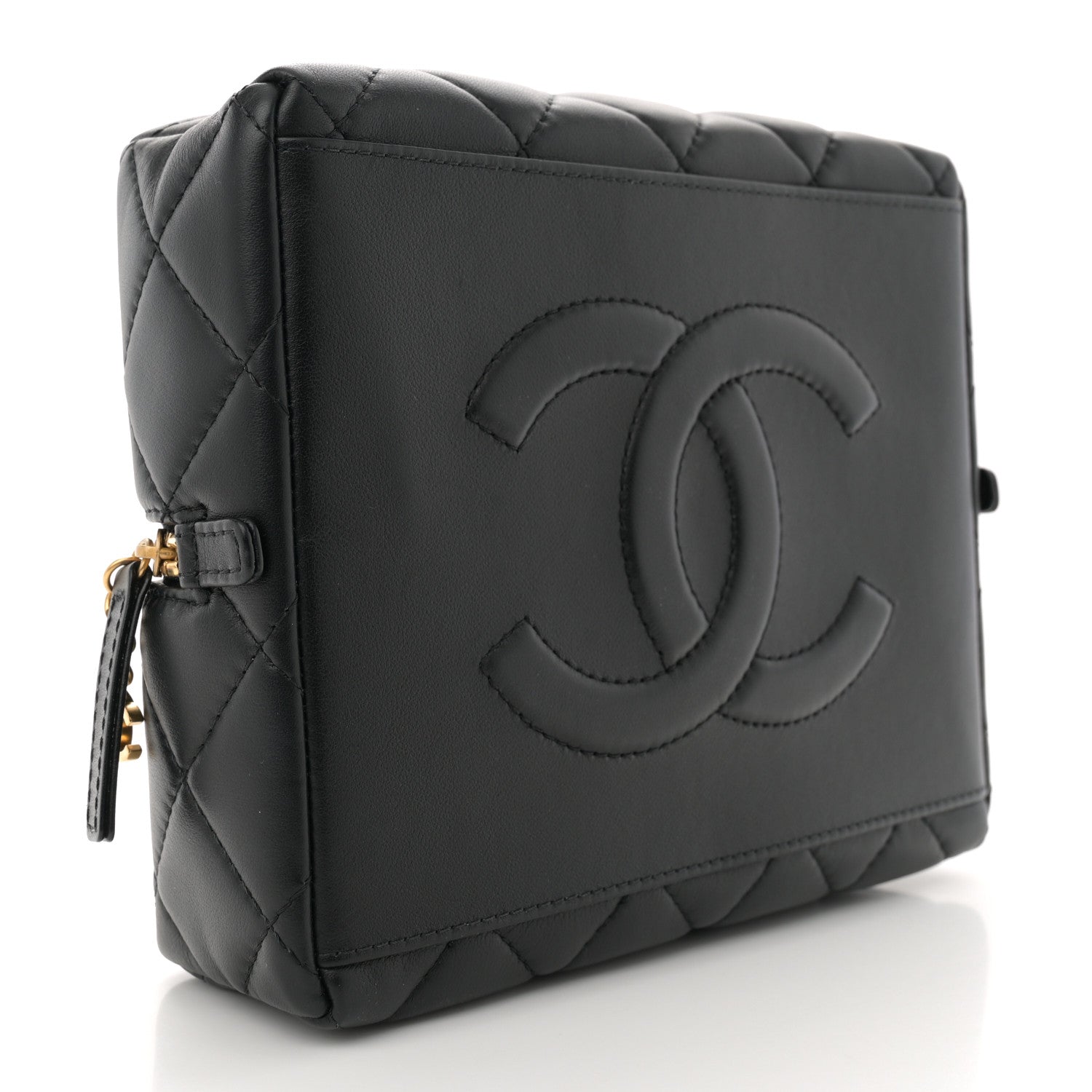 Calfskin Quilted Square Top Handle Vanity Case Black