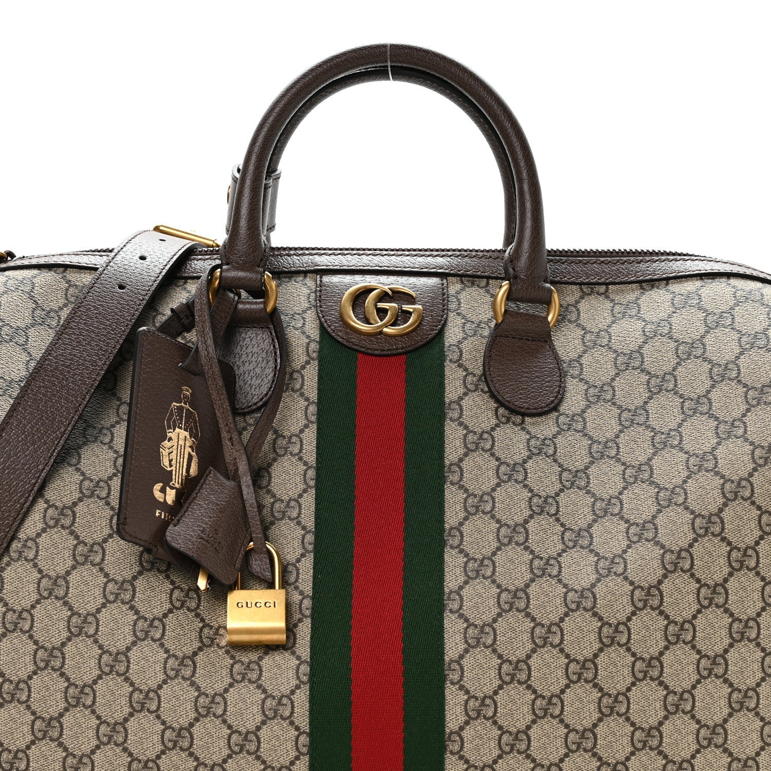 GG SUPREME MONOGRAM TEXTURED DOLLAR CALFSKIN WEB MEDIUM SAVOY DUFFLE BAG BEIGE DARK BROWN