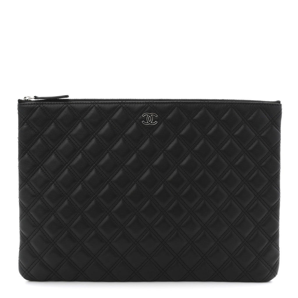 LAMBSKIN DOUBLE STITCH QUILTED COSMETIC CASE BLACK