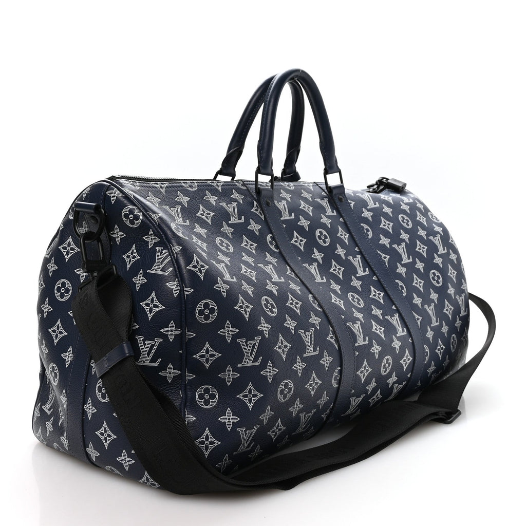 CALFSKIN SHADOW MONOGRAM KEEPALL BANDOULIERE 50 INK BLUE WHITE