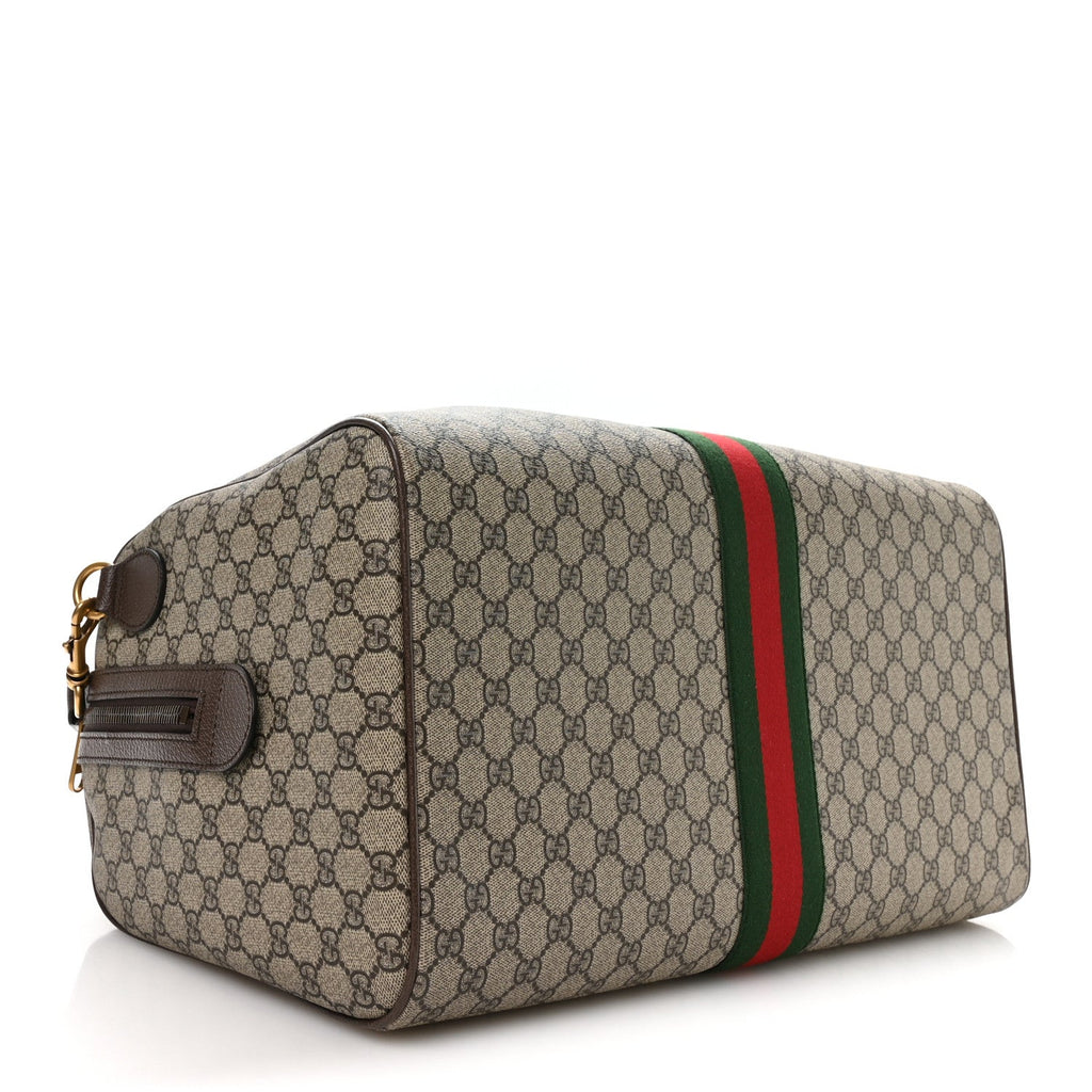 GG SUPREME MONOGRAM TEXTURED DOLLAR CALFSKIN WEB MEDIUM SAVOY DUFFLE BAG BEIGE DARK BROWN
