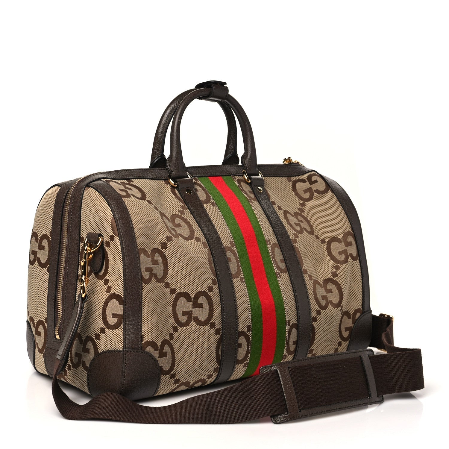 Monogram Jumbo GG Textured Dollar Calfskin Web Large Duffle Bag Camel Ebony