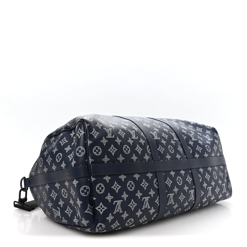 CALFSKIN SHADOW MONOGRAM KEEPALL BANDOULIERE 50 INK BLUE WHITE