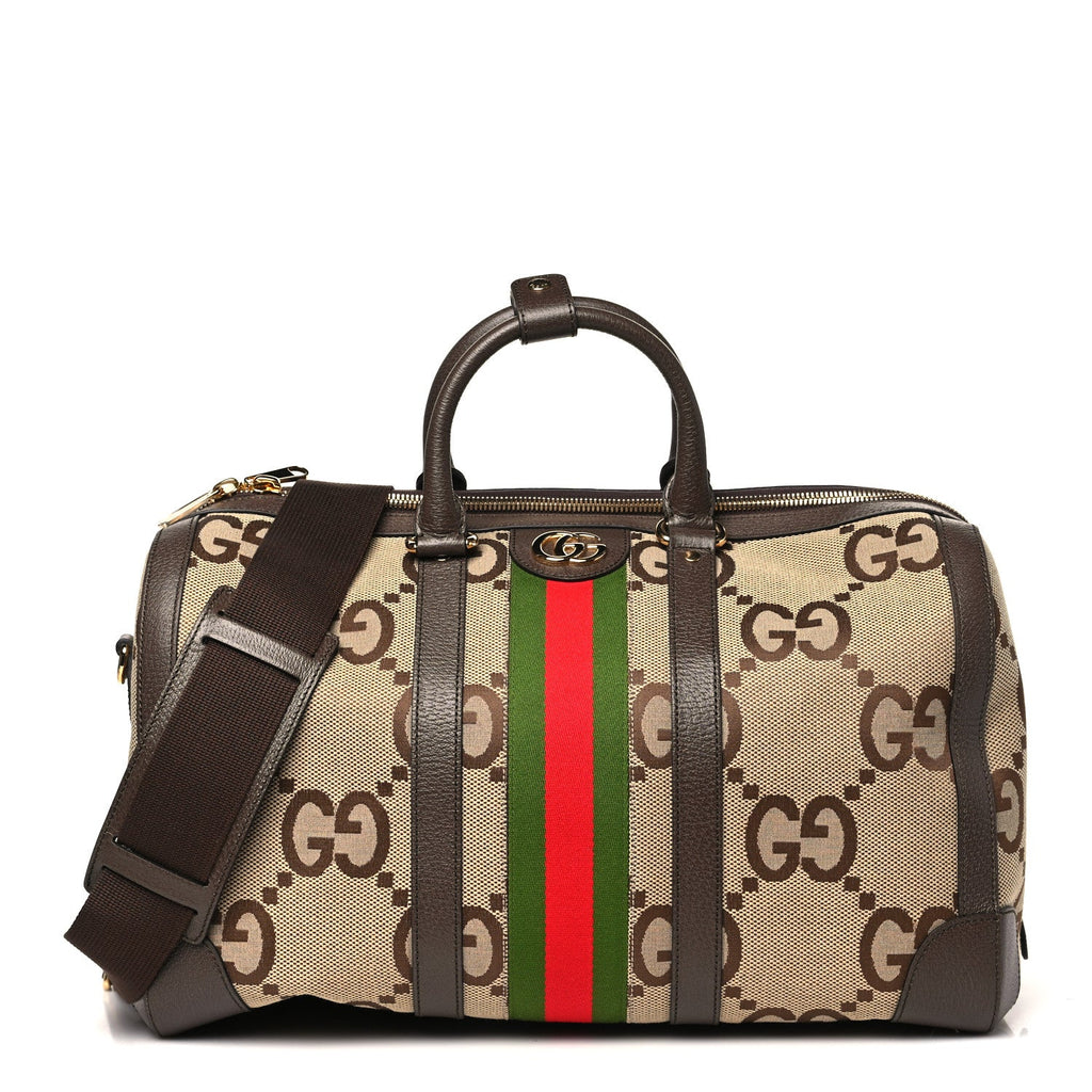 Monogram Jumbo GG Textured Dollar Calfskin Web Large Duffle Bag Camel Ebony