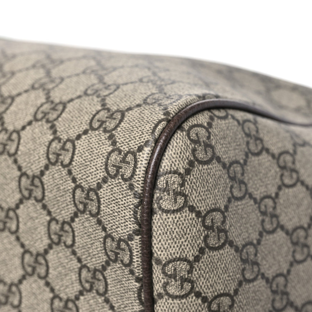 GG Supreme Monogram Textured Dollar Calfskin Web Medium Savoy Duffle Bag Beige Dark Brown