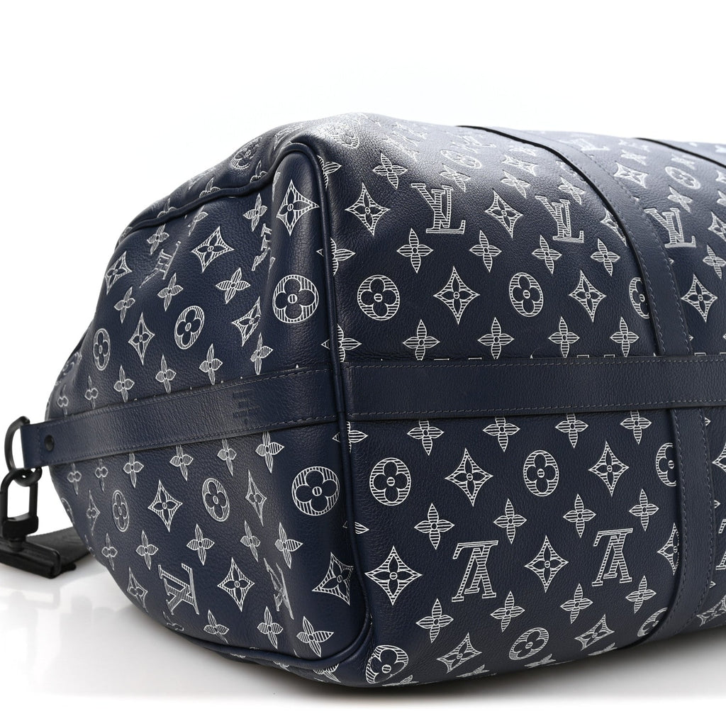 CALFSKIN SHADOW MONOGRAM KEEPALL BANDOULIERE 50 INK BLUE WHITE