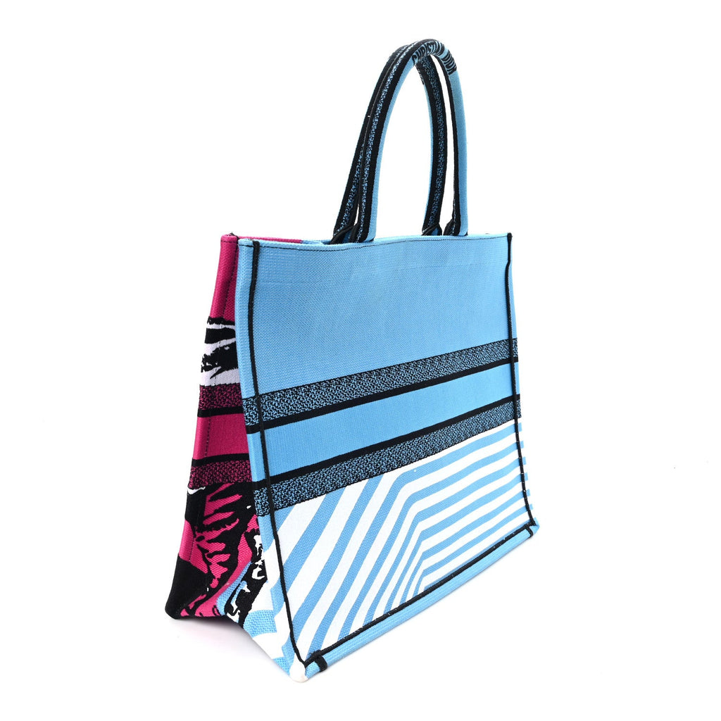 CANVAS EMBROIDERED LARGE JUNGLE POP BOOK TOTE BLUE MULTICOLOR