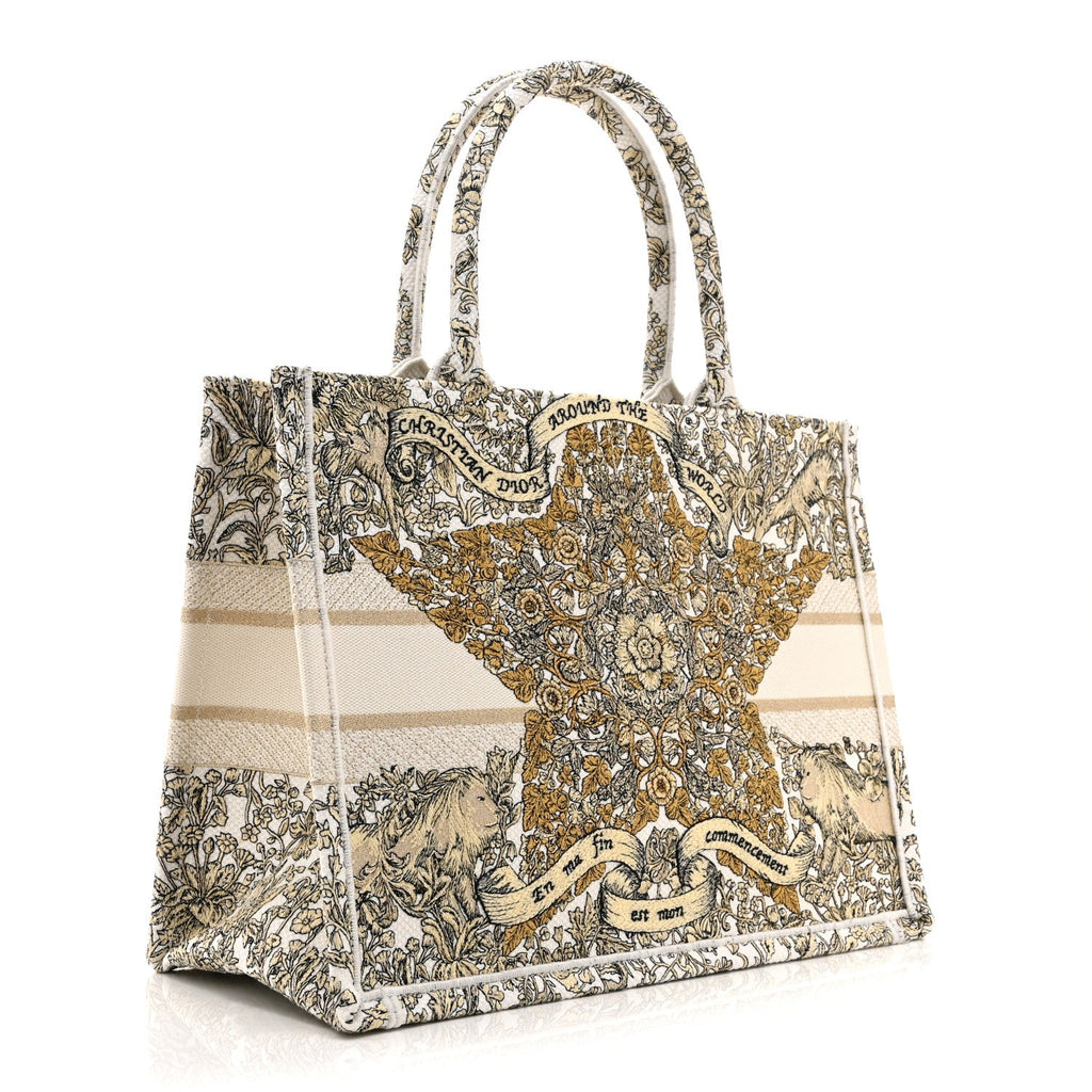 CANVAS EMBROIDERED MEDIUM AROUND THE WORLD BOOK TOTE GOLD