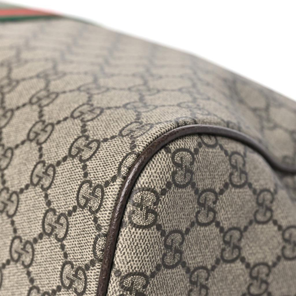 GG Supreme Monogram Textured Dollar Calfskin Web Medium Savoy Duffle Bag Beige Dark Brown