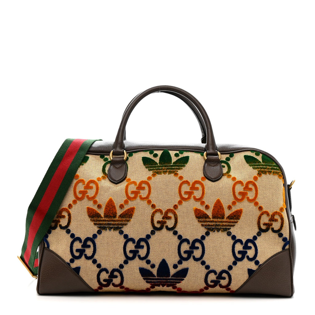 X ADIDAS Canvas Textured Dollar Calfskin Web GG Monogram Trefoil Large Bowling Bag Beige Brown Multicolor