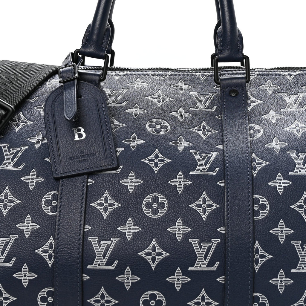 CALFSKIN SHADOW MONOGRAM KEEPALL BANDOULIERE 50 INK BLUE WHITE