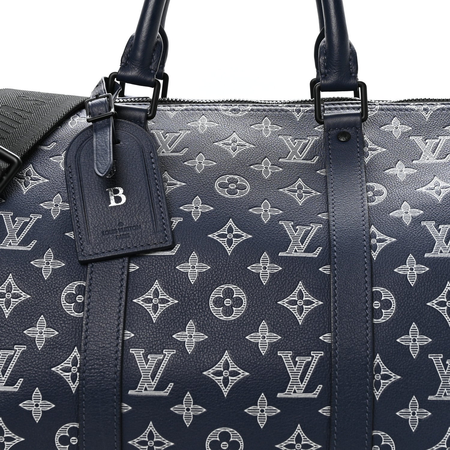 CALFSKIN SHADOW MONOGRAM KEEPALL BANDOULIERE 50 INK BLUE WHITE
