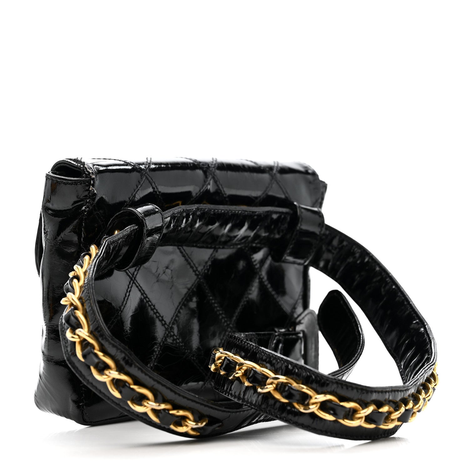 PATENT FLAP WAIST BELT BAG BLACK
