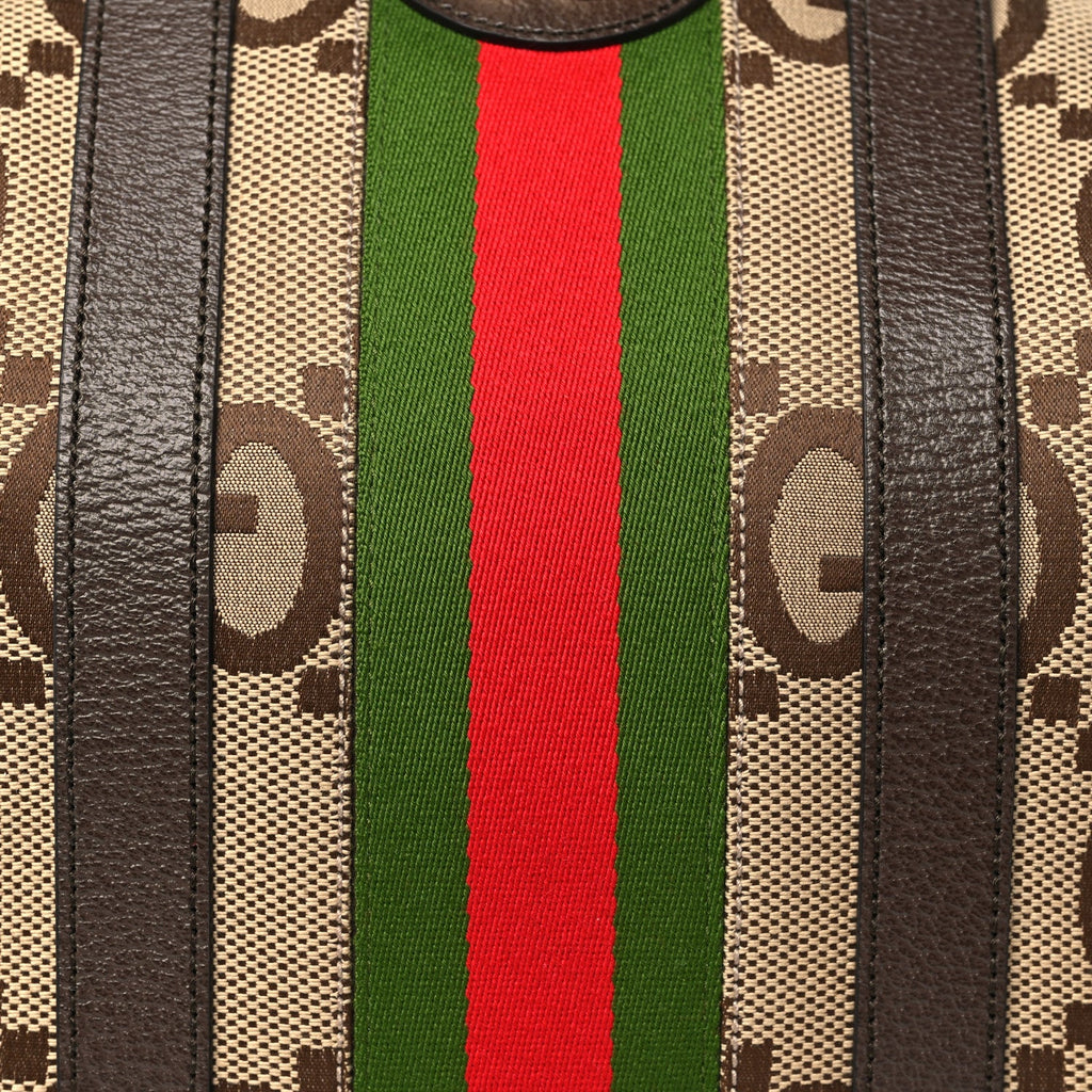 Monogram Jumbo GG Textured Dollar Calfskin Web Large Duffle Bag Camel Ebony