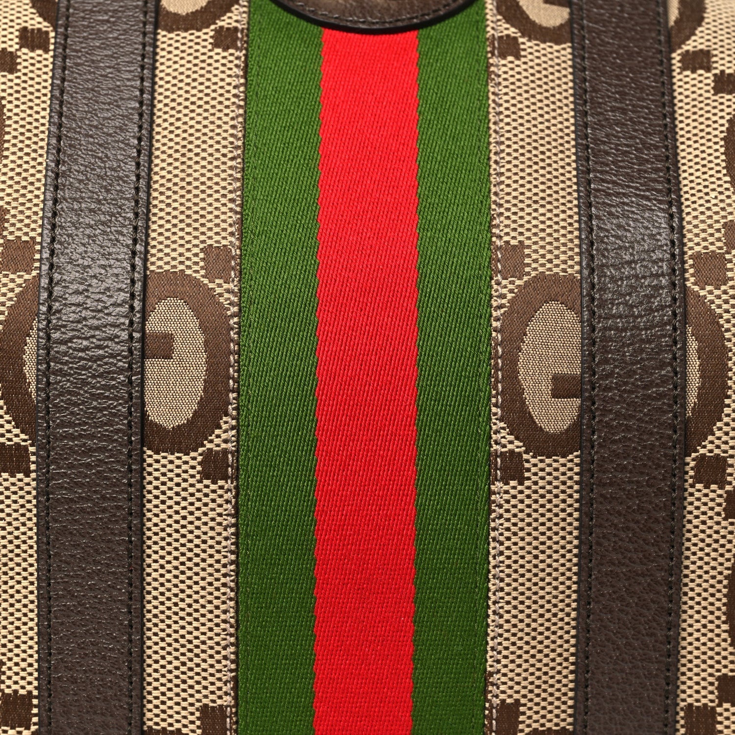 Monogram Jumbo GG Textured Dollar Calfskin Web Large Duffle Bag Camel Ebony