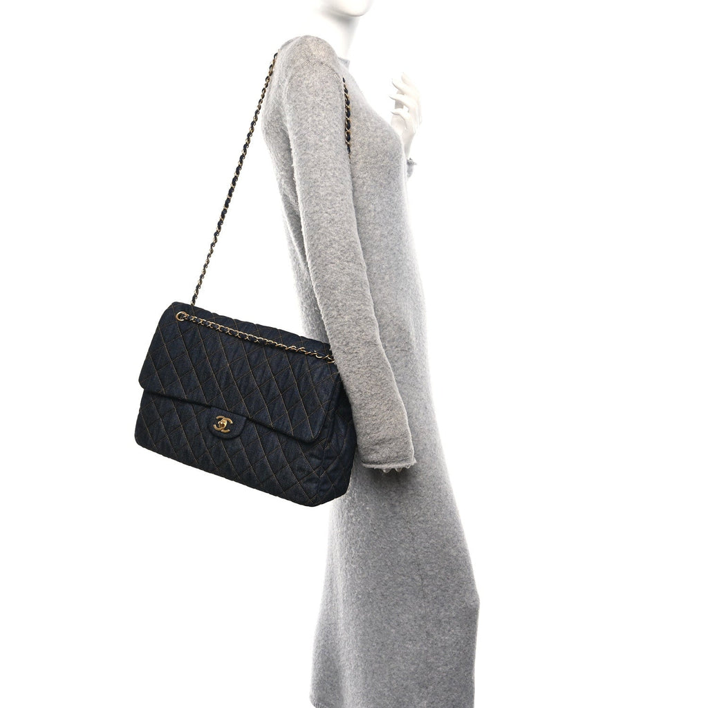 DENIM QUILTED XXL TRAVEL FLAP BAG DARK BLUE ORANGE